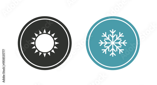Contrasting sun and snowflake icons in circular frames a bold silhouette