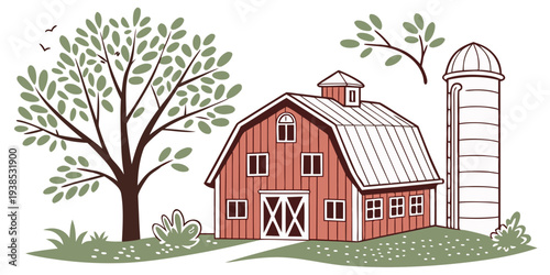 A picturesque farm scene with a red barn, silo, and various animals in a rural setting Vector