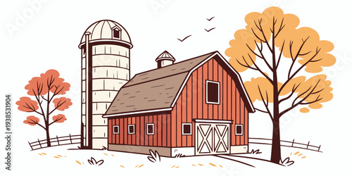 A picturesque farmhouse with a red barn and a rustic silo surrounded by autumn trees Vector