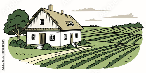 A charming countryside farmhouse surrounded by lush green fields and a clear blue sky Vector
