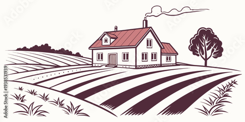 A picturesque farmhouse nestled in the heart of a vast, golden wheat field under a clear blue sky Vector