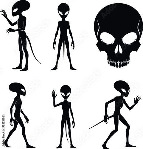Alien silhouettes, humanoid extraterrestrial poses, stylized skull icon, sci-fi figures, black vector set, horror illustration, fantasy character design