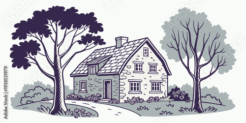 A serene countryside house surrounded by lush trees and vibrant foliage Vector