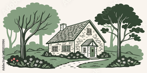 A charming house nestled among tall trees in a serene suburban setting. Vector