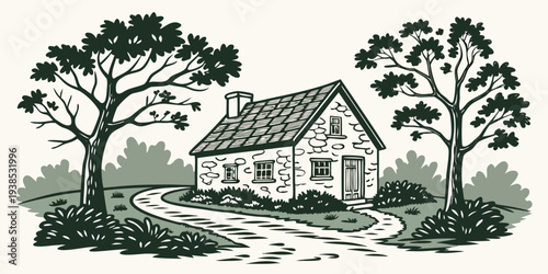 A charming house nestled among trees with a welcoming driveway and garden Vector