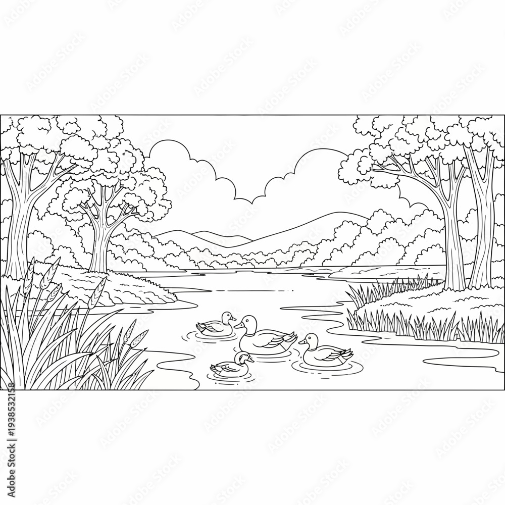 Obraz premium Serene lake scene with ducks swimming among water plants and trees in a beautiful vector graphic illustration