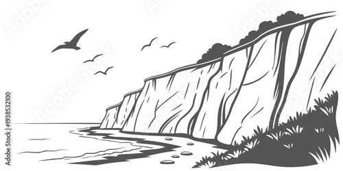 A serene coastal scene with towering cliffs and birds in flight Vector