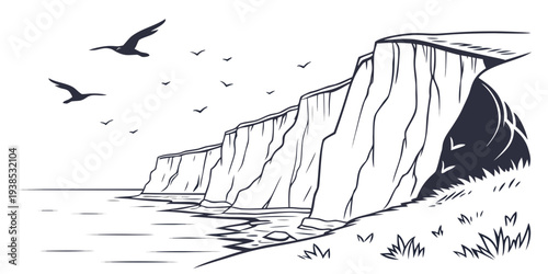 Birds flying over a rocky cliff with a small stream below Vector