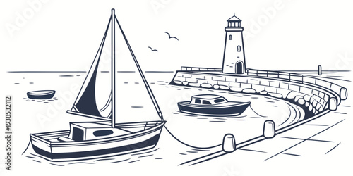 A serene scene of a sailboat navigating near a lighthouse on a calm sea. Vector