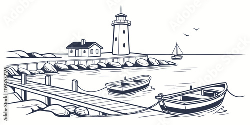 A picturesque coastal scene with a lighthouse and boats in the harbor Vector