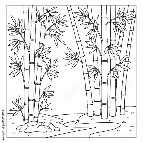 Serene bamboo forest illustration with tall stalks and leaves in a peaceful natural setting perfect for design and decoration inspiration