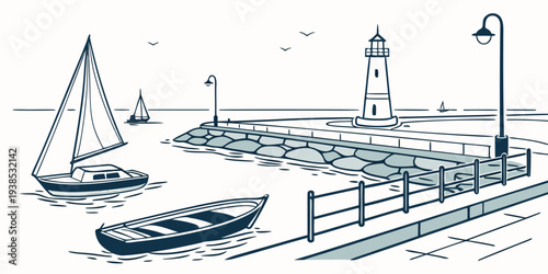 Aerial view of a coastal town with lighthouse and boats Vector