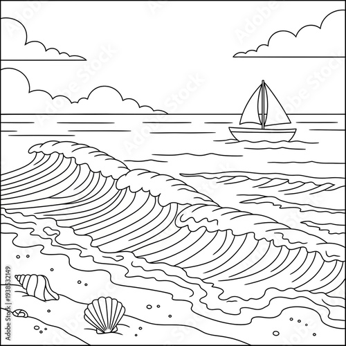 Beautiful ocean waves crashing on the shore with a sailboat in the distance in a serene vector graphic illustration