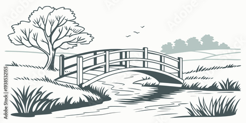 A serene park scene with a wooden bridge over a tranquil pond surrounded by lush greenery Vector