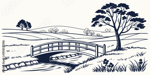 A serene landscape with a small bridge over a stream surrounded by trees. Vector