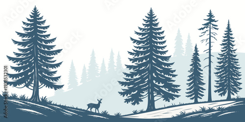 A serene winter landscape with tall pine trees covered in fresh snow Vector