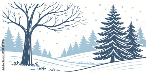 A serene winter landscape with a lone tree standing tall amidst a snowy forest Vector