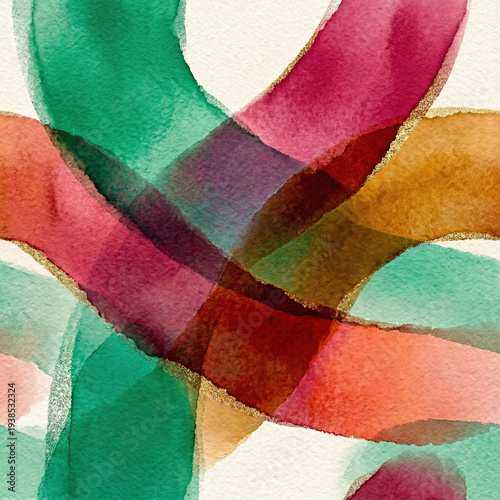 layered watercolor drift where translucent strokes collide in warm greens, reds, and gold‑lined shimmer