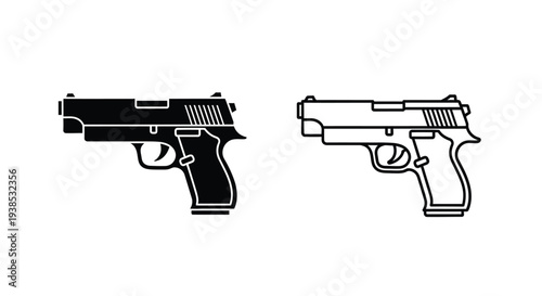 Two handgun illustrations one solid and one outlined a stark silhouette