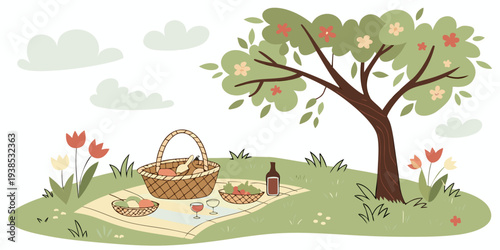 A family of rabbits enjoying a picnic under a large tree in a lush green field Vector