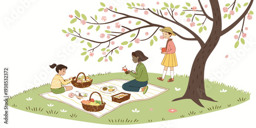 Children playing in a park under a tree with a picnic blanket and basket. Vector