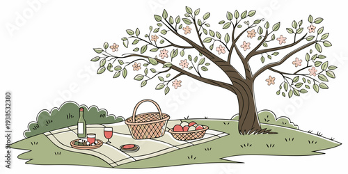 A peaceful scene of a family enjoying a picnic under the shade of a large tree. Vector