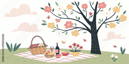 A whimsical scene of a tree with colorful kites and a family enjoying a picnic. Vector