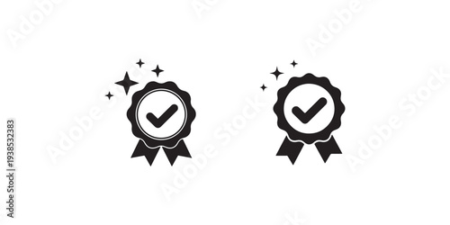 Quality assurance seal with check mark and sparkling stars vector icon representing premium certification guarantee and high standard product validation