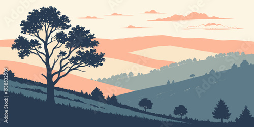 A serene landscape at sunset with silhouetted trees and distant mountains Vector