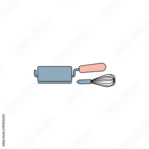 Illustration of a light blue pasta maker with a pink handle and a small whisk, kitchen tools.