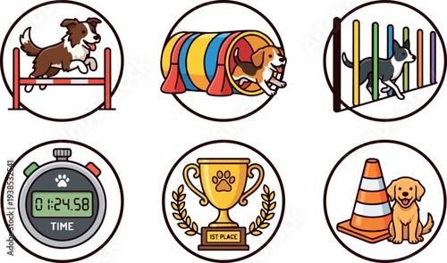 Flat design close up set of dog agility icons showing brown border collie jumping, beagle exiting tunnel, stopwatch and trophy cone