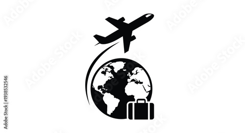 Airplane flies around the world with luggage a striking silhouette