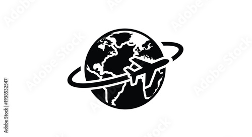 Globe with airplane and orbital path a striking silhouette