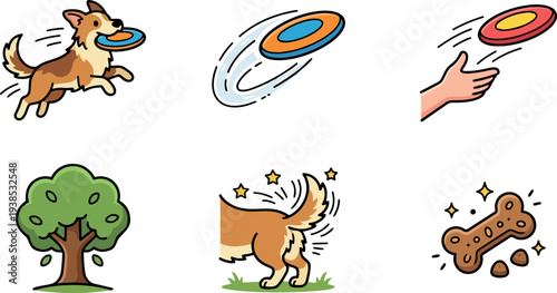Flat cartoon vector corgi catching blue frisbee midair looking at camera running in park with wagging tail cheerful sunny bold