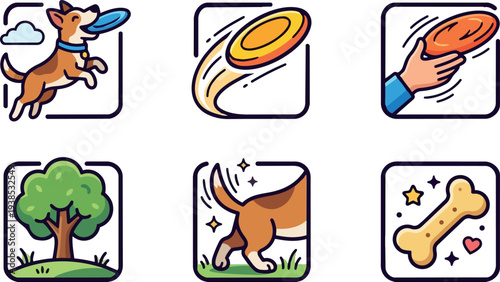 Flat design playful close up corgi dog jumping to catch blue frisbee in park with tree, bone, hand elements and grass