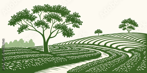 A serene landscape with a winding path through a lush green forest Vector