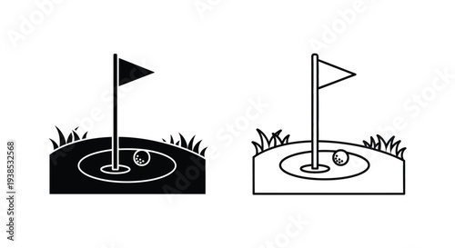 Golf hole with flag and ball black and white depiction silhouette