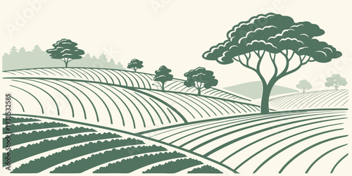 A serene landscape with rolling hills and scattered trees under a clear sky. Vector