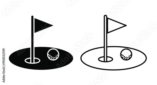 Golf course elements with flags and balls black and white silhouette