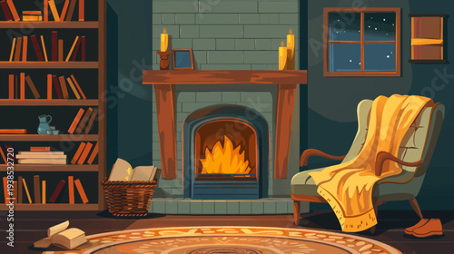 Cozy living room interior with fireplace bookshelf and armchair illustration