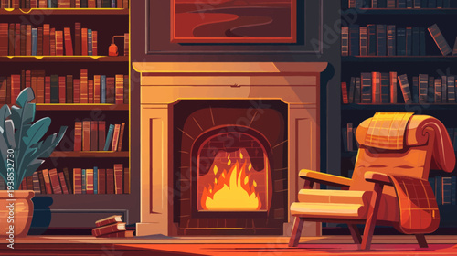 Cozy interior scene with fireplace bookshelves and relaxing armchair