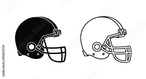 Two american football helmets one solid and one outlined silhouette