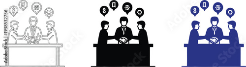 Business meeting icon set with people shaking hands and idea bubbles, vector illustration