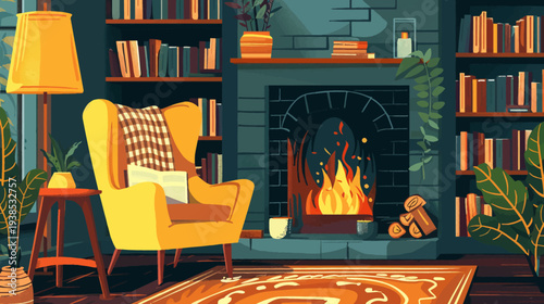 Cozy living room illustration with fireplace bookshelf and armchair