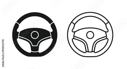 Two car steering wheels one filled and one outlined in black silhouette