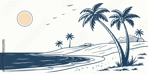 Serene tropical beach scene with palm trees and a calm blue ocean Vector