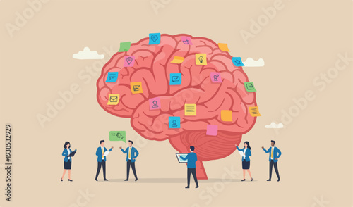 Idea memo, brainstorm or scrum sticky notes, productive plan, memory task reminder, arrangement, thought team meeting and wisdom concept, businessman sticky notes human red brain