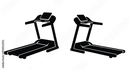 Two treadmills displayed in a stark black silhouette