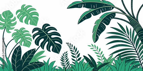 Vibrant green foliage with various tropical plants and leaves in a lush garden setting Vector