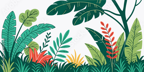 A vibrant illustration of tropical plants and flowers in a lush green environment. Vector
